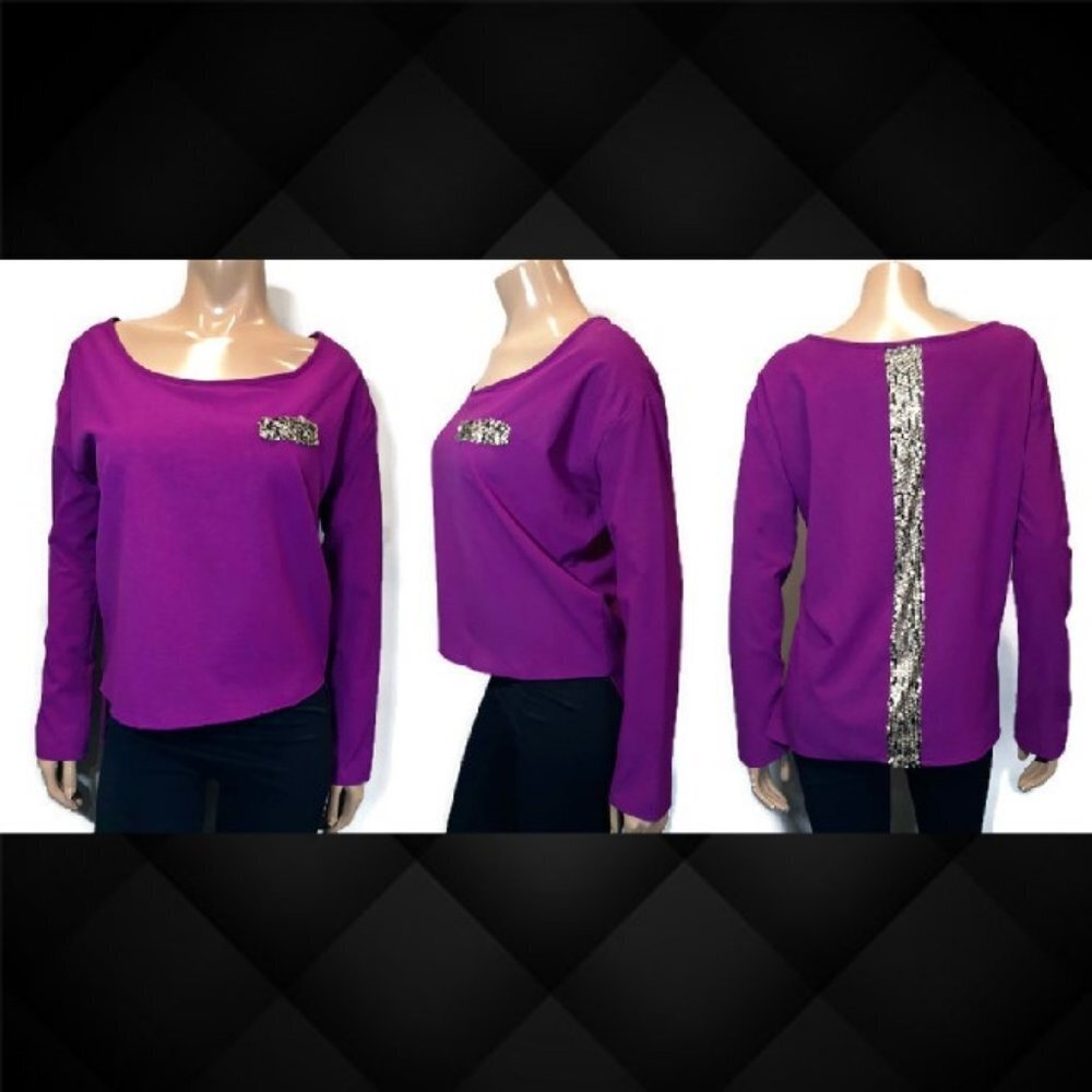 3/$20 Vintage Havana High Low Sequin Top Long Sleeve Purple Metallic Blouse